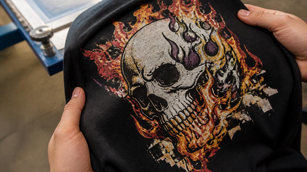Close-up of a screen-printed graphic tee showing print detail and texture, with hands holding the shirt to display the design quality and durability