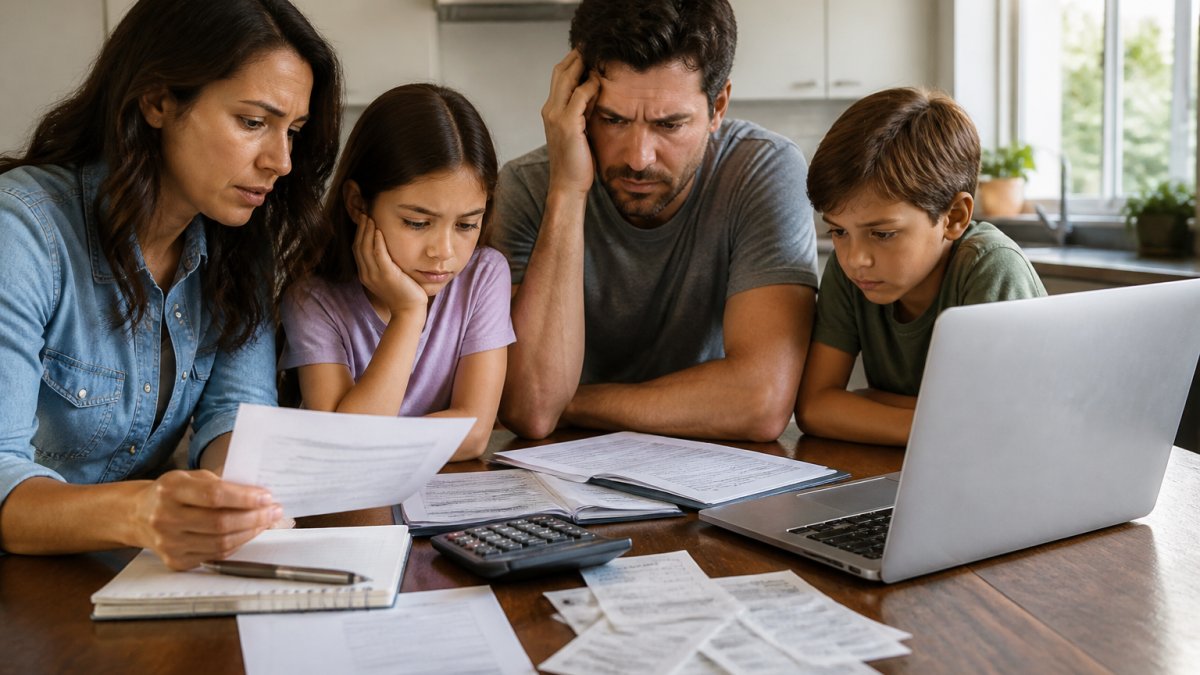 A family of four at a kitchen table reviewing medical bills, an insurance policy packet, and a laptop showing a budget spreadsheet, natural daylight