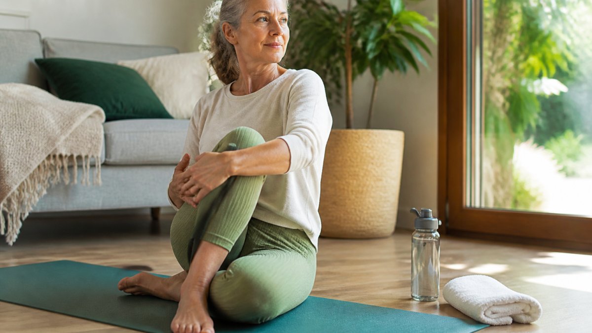 A woman in her fifties sitting on a yoga mat in a sunlit living room, gently stretching her knees and hands, with a small towel and water bottle nearby