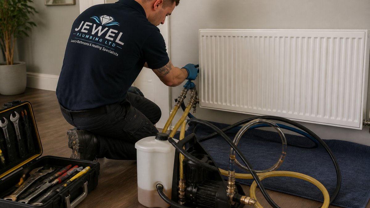 A heating engineer in work clothes connecting a power flushing machine to a radiator in a home, with hoses and a pump visible, bright indoor setting