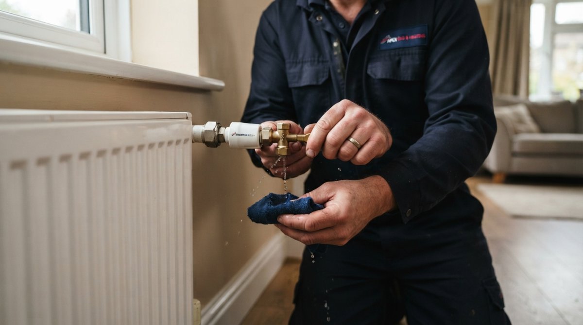 Close-up of a hand using a radiator key on a bleed valve, with a radiator visible in the background in a modern home setting