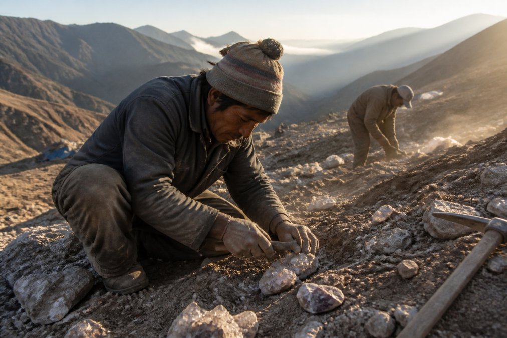 Small-scale mining operation in a rural mountain area, workers carefully extracting crystal specimens by hand from rocky ground, morning light, dust in the air, hand tools visible