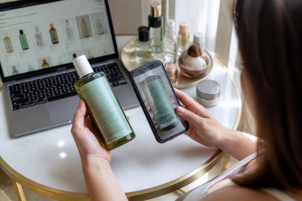 Close-up of a woman's hands holding a skincare bottle and comparing the label against a smartphone screen, with a laptop showing an online store in the background on a bright vanity table