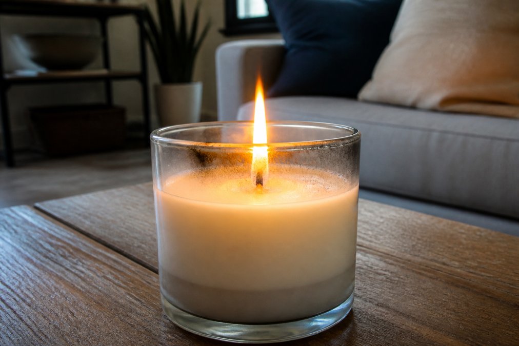 Diagram showing how overwicking in paraffin candles causes soot buildup on glass jars