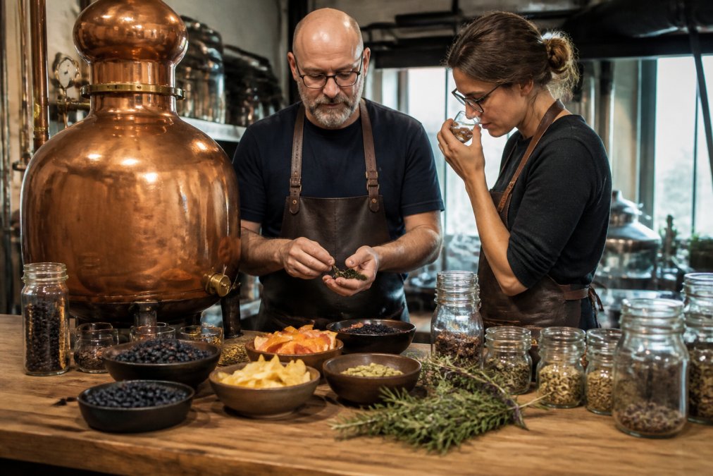 Copper pot still in a craft distillery with botanicals used to produce premium alcohol free spirits.