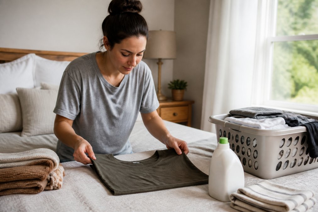A woman carefully folding a graphic t-shirt on a bed, with a laundry basket and detergent bottle nearby, warm natural light