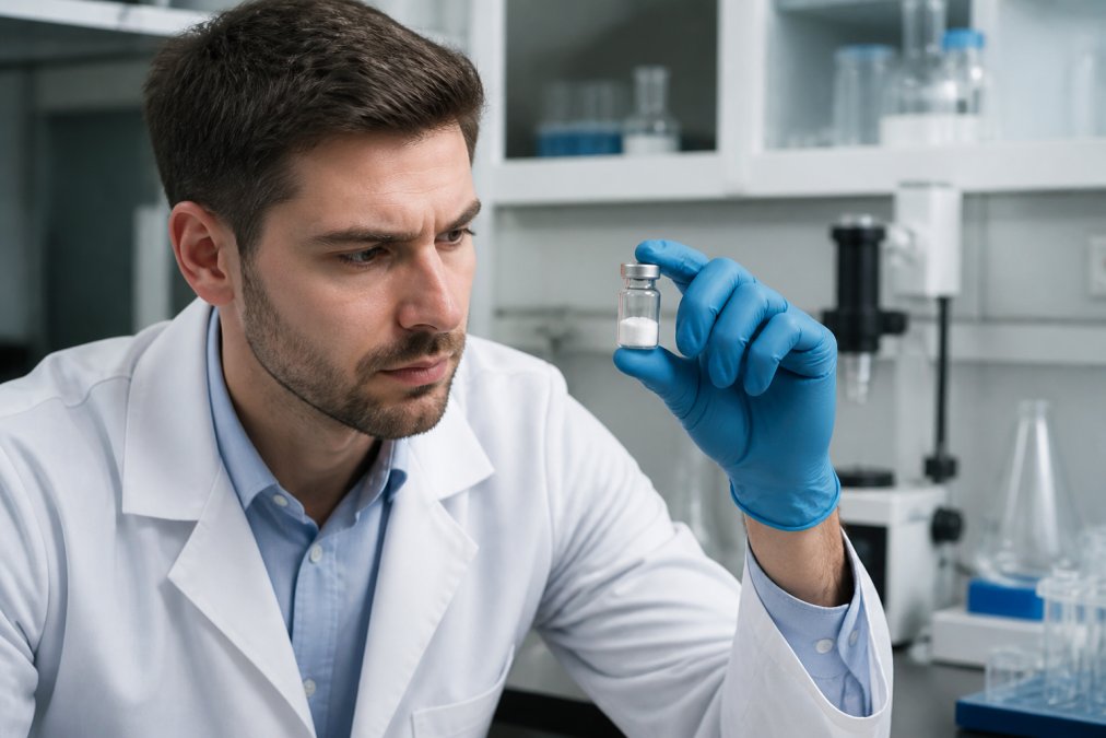 A researcher in a white lab coat examining a small glass vial of lyophilized peptide powder under bright laboratory lighting, with analytical equipment visible in the background