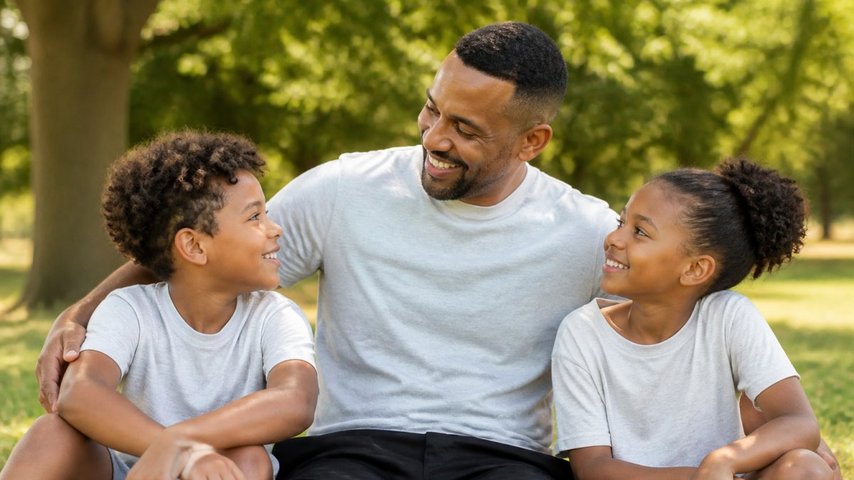 A father and his two kids wearing matching soft cotton t-shirts outdoors in a sunny park, relaxed and smiling on a weekend afternoon, natural light, casual lifestyle scene