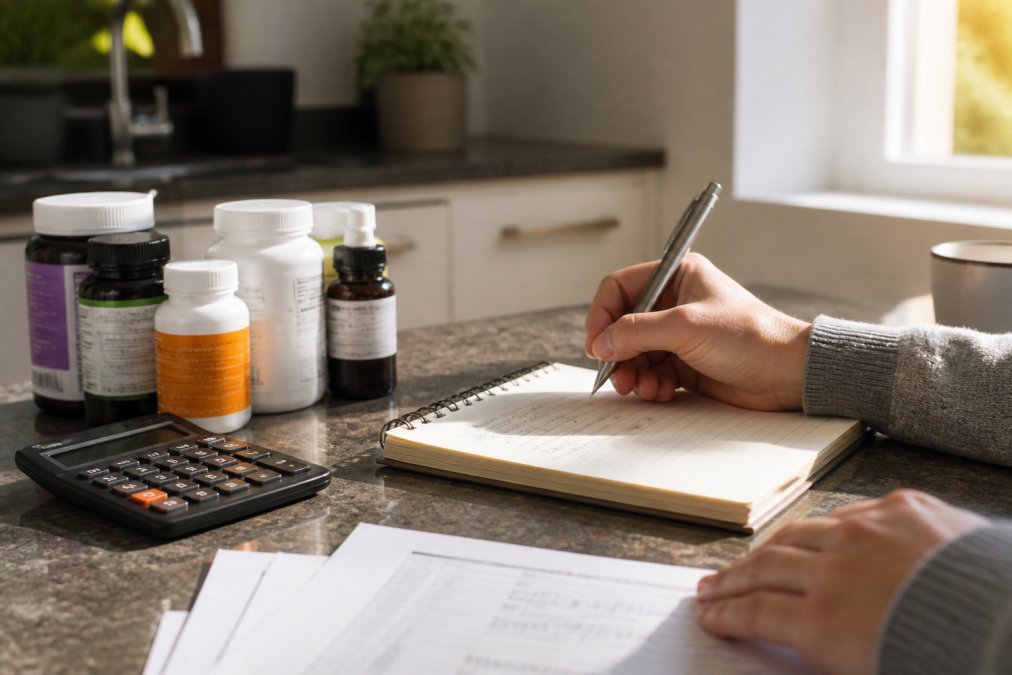 A close-up of a kitchen counter with a notepad, pen, and several supplement bottles. A person's hand is visible writing down costs, with a calculator nearby. Natural daylight from a window illuminates the scene.