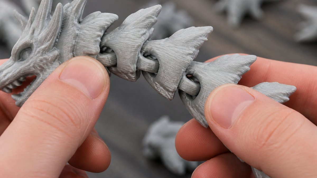 Close-up of a 3D-printed articulated dragon joint showing layer lines and the connection point between segments, with hands gently flexing the joint to demonstrate movement