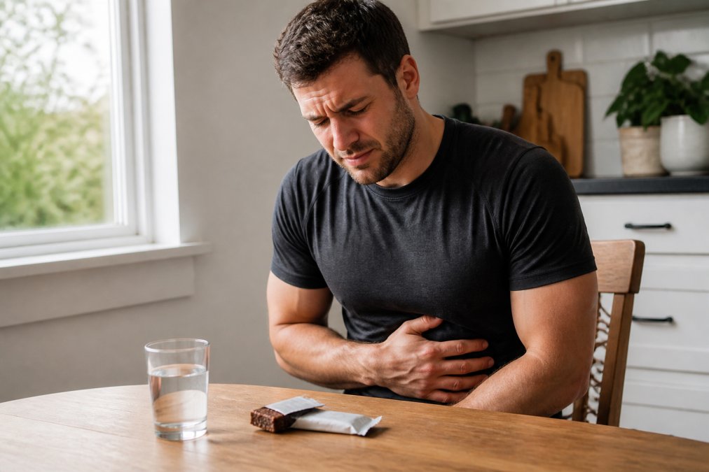 A person sitting at a kitchen table holding their stomach in discomfort, a torn protein bar wrapper and a glass of water on the table in front of them, natural window light, expression of digestive distress