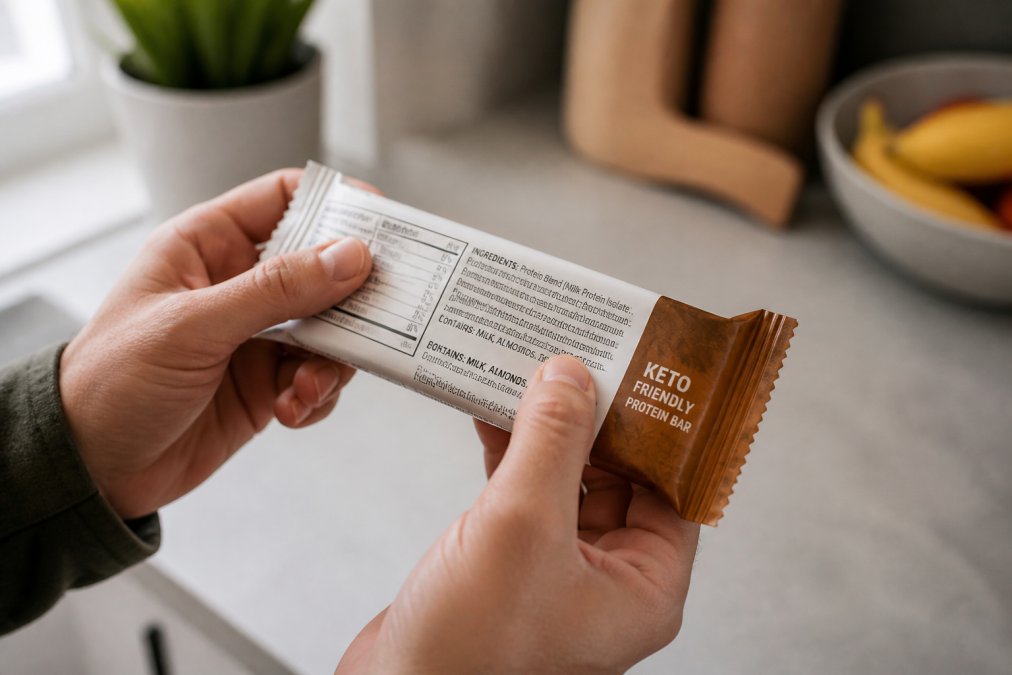 Close-up of a person's hands holding a packaged keto-friendly protein bar, turning it over to read the ingredients list in small print, bright kitchen lighting, ingredients label in sharp focus