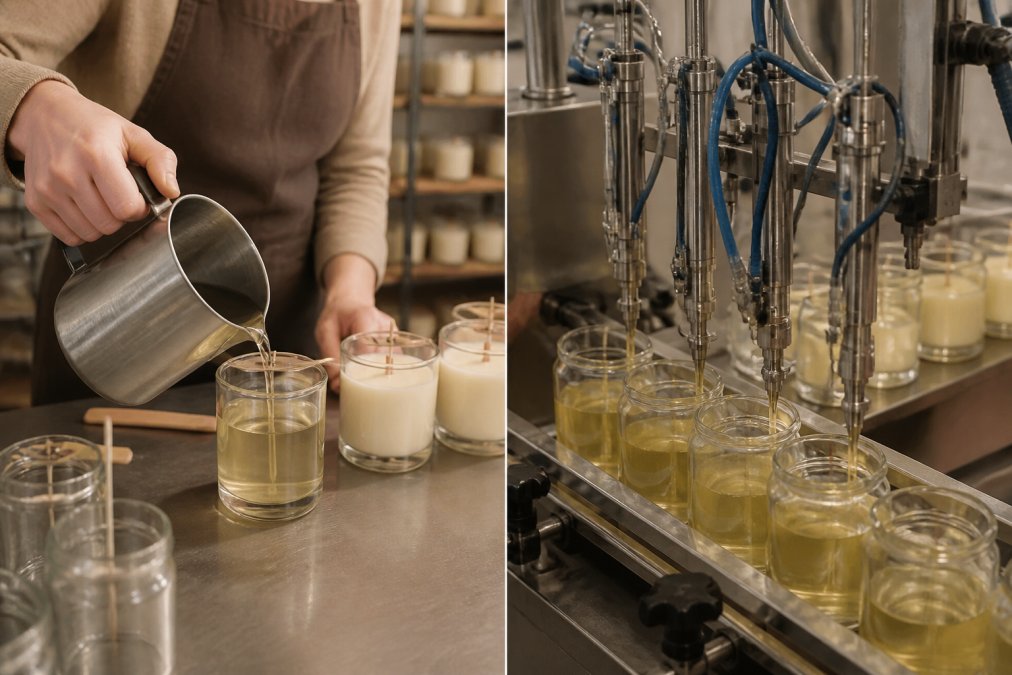 Candle maker pouring melted wax into a jar to create artisan candles on a workbench