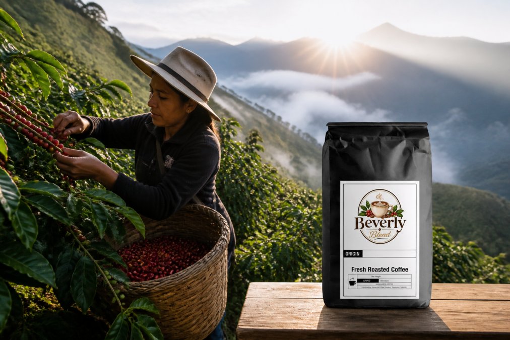 Coffee farmer hand-picking ripe red cherries on a steep mountain slope with misty highlands in the background, early morning light filtering through clouds