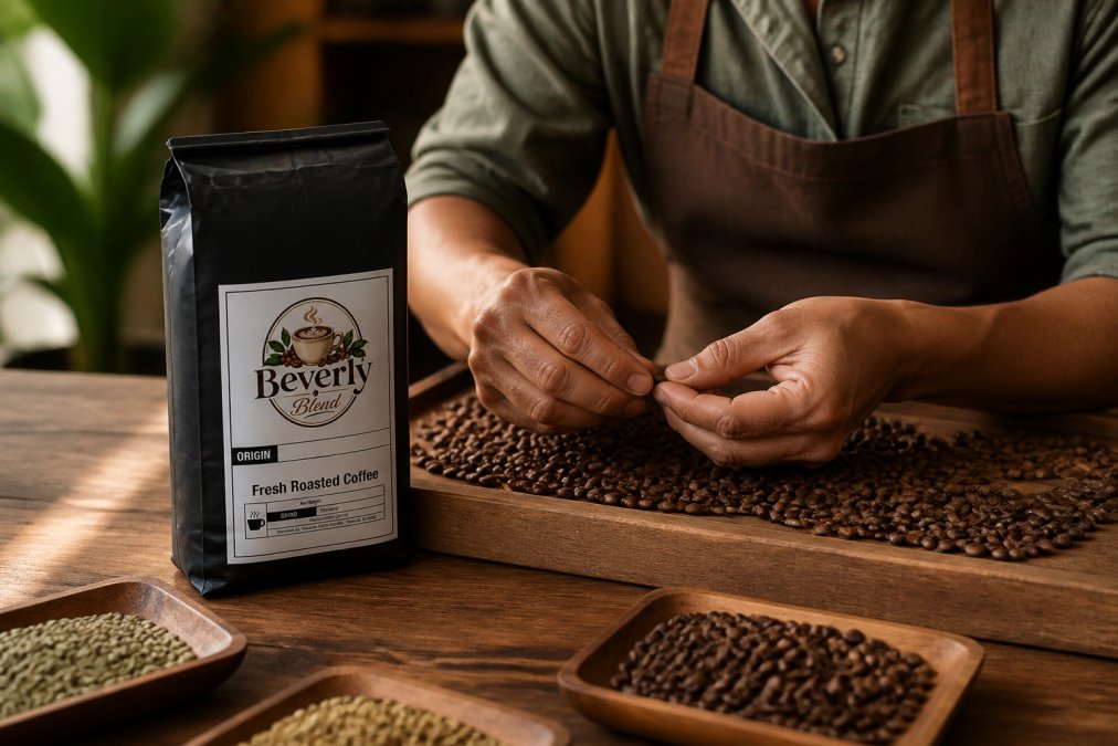 Close-up of coffee beans being sorted and graded by hand on a wooden table with natural light, worker's hands carefully examining individual beans