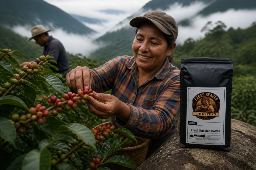 Close-up of coffee cherries ripening on branches in a high-altitude mountain farm with misty peaks visible in the background, hands gently selecting ripe red cherries during careful hand-picking harvest