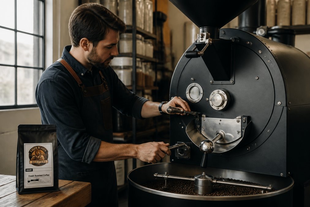 Skilled roaster standing at a professional drum roaster in a bright artisanal roastery, carefully monitoring temperature gauges and bean color development through the roaster window with focused attention