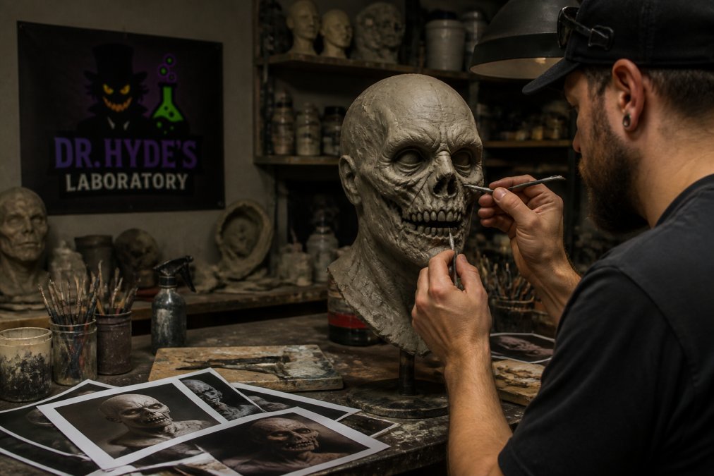 Artist sculpting a detailed horror mask with clay tools on a workbench in a dimly lit studio