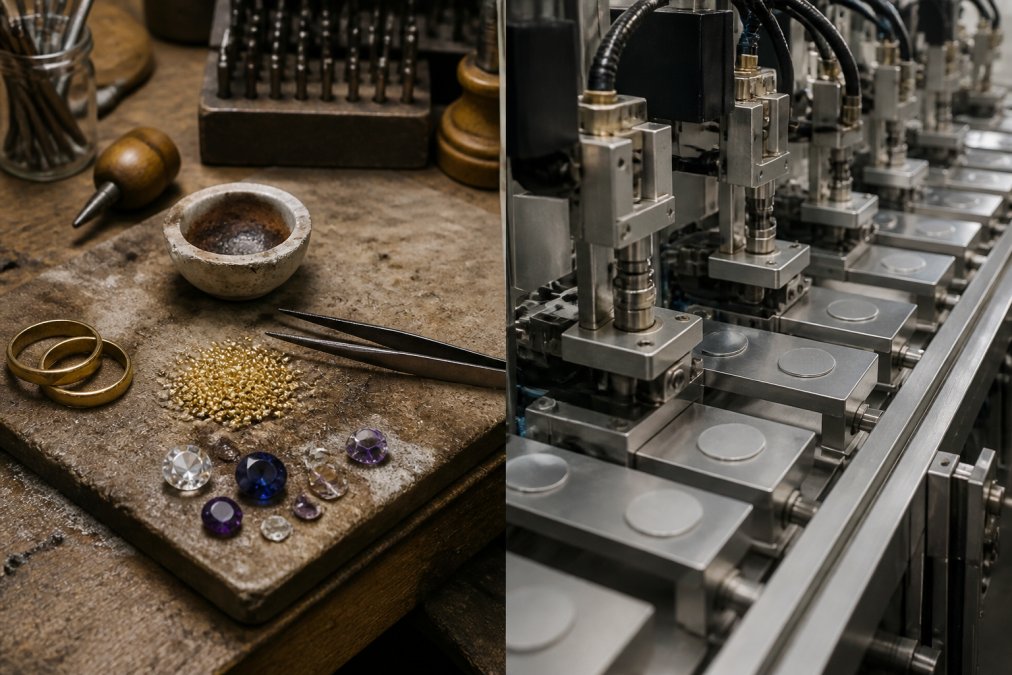 A jeweller's workbench with brass hand tools, a small crucible, raw gold granules and loose gemstones on one side, contrasted with a sterile automated factory line producing identical metal blanks on the other