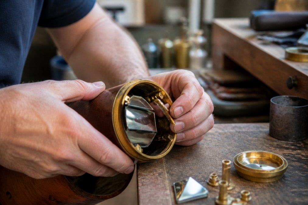 Close-up of an artisan's hands carefully assembling brass fittings and mirror components inside a kaleidoscope barrel, showing precision work and attention to detail in a workshop setting with warm natural light