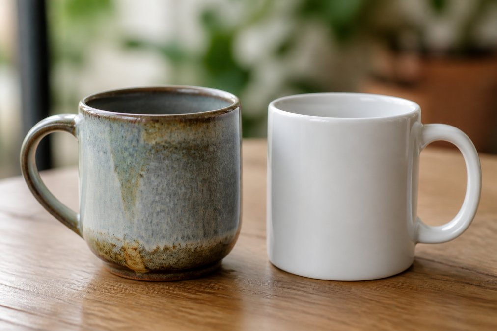 Two mugs displayed side by side, one handmade artisan mug with visible glaze variations and organic surface texture, one mass-produced mug with uniform glossy finish, both photographed in natural light to show the contrast in craftsmanship