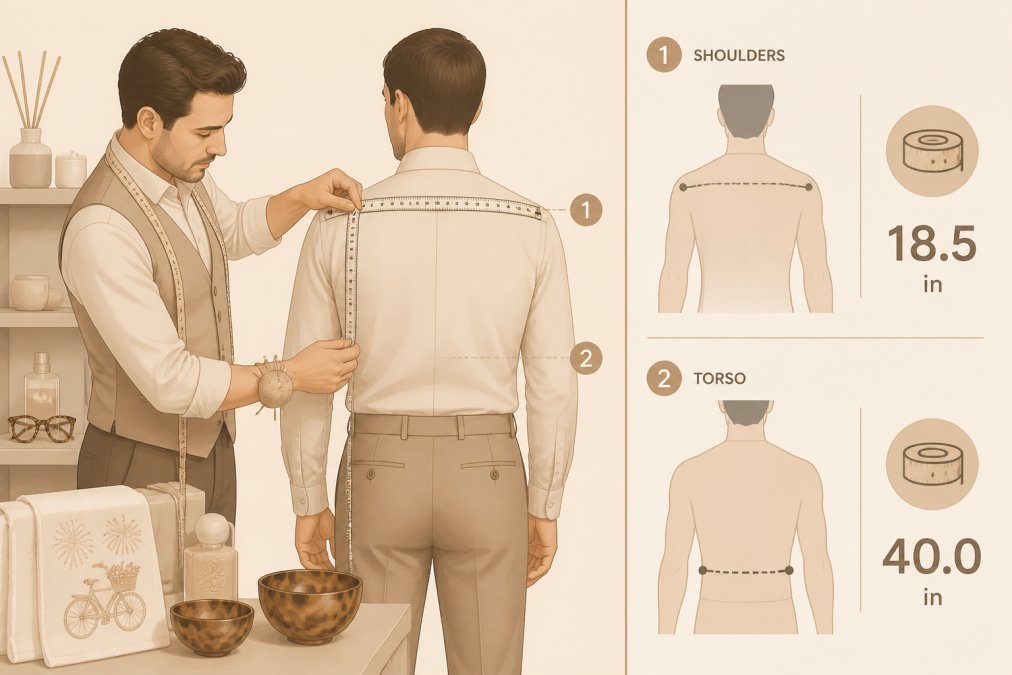 Tailor measuring a client's shoulders and torso with a measuring tape during a fitting session, showing precise customization and hands-on attention to body proportions