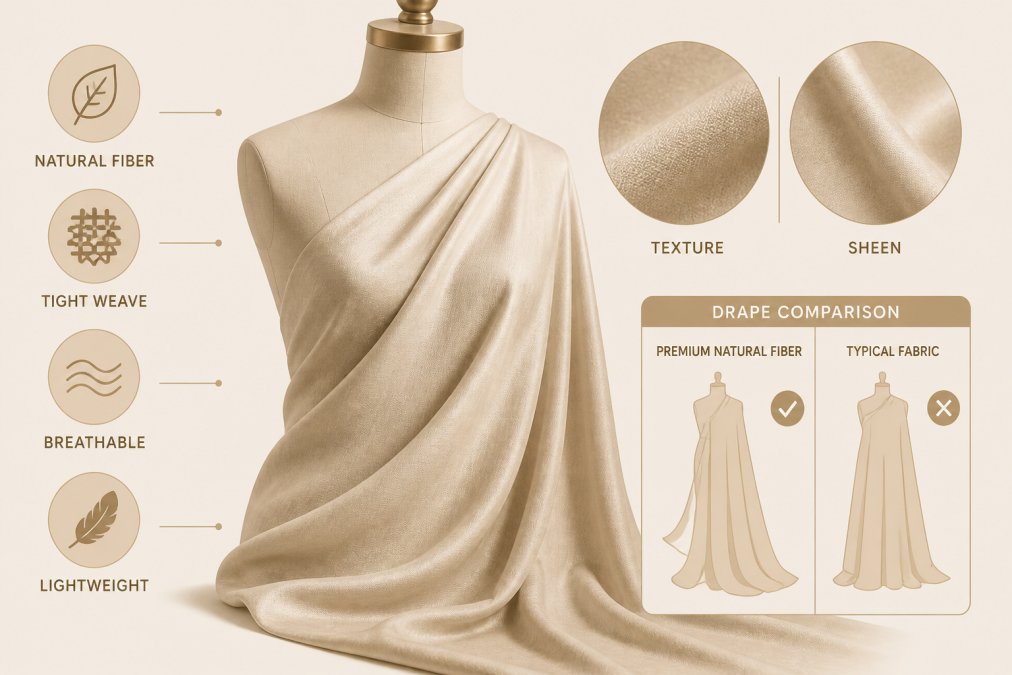 Close-up of premium natural fiber fabric draped elegantly on a dress form, showing rich texture, subtle sheen, and fluid movement with soft studio lighting
