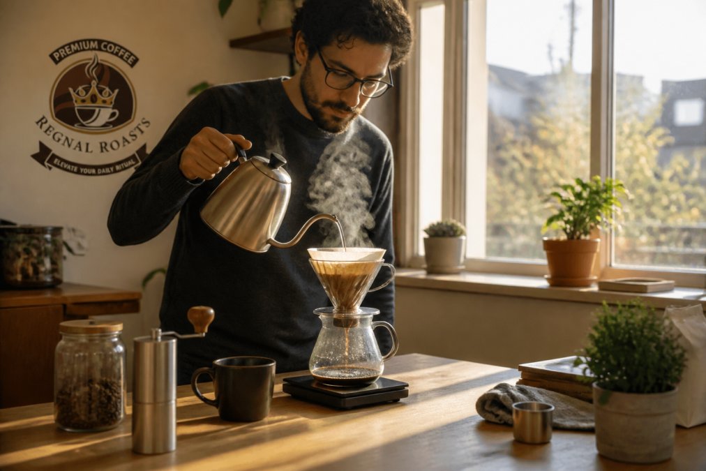 Person pouring hot water from a gooseneck kettle to brew artisanal coffee in a sunlit home kitchen.