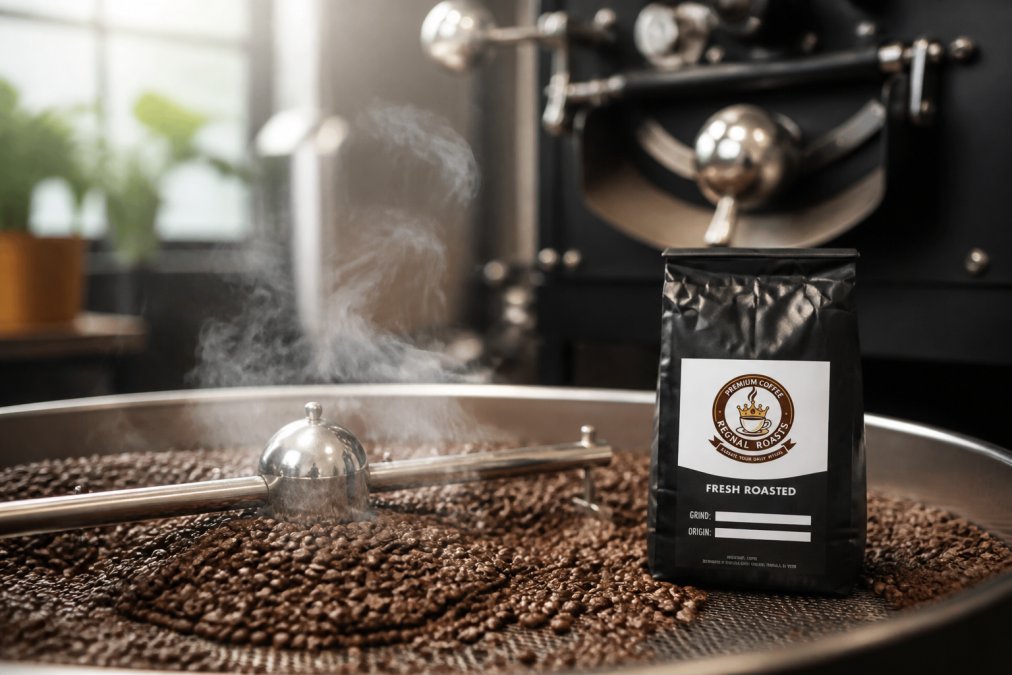 Close-up of freshly roasted coffee beans cooling on a metal tray with steam rising, roaster visible in soft focus in the background
