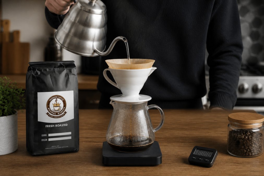 Person pouring hot water over coffee grounds in a pour-over dripper with a kitchen workspace featuring a scale and timer nearby