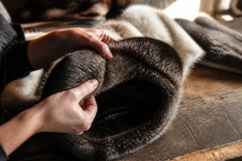 Hands examining the dense underfur and fine stitching of an artisanal fur hat on a workbench.