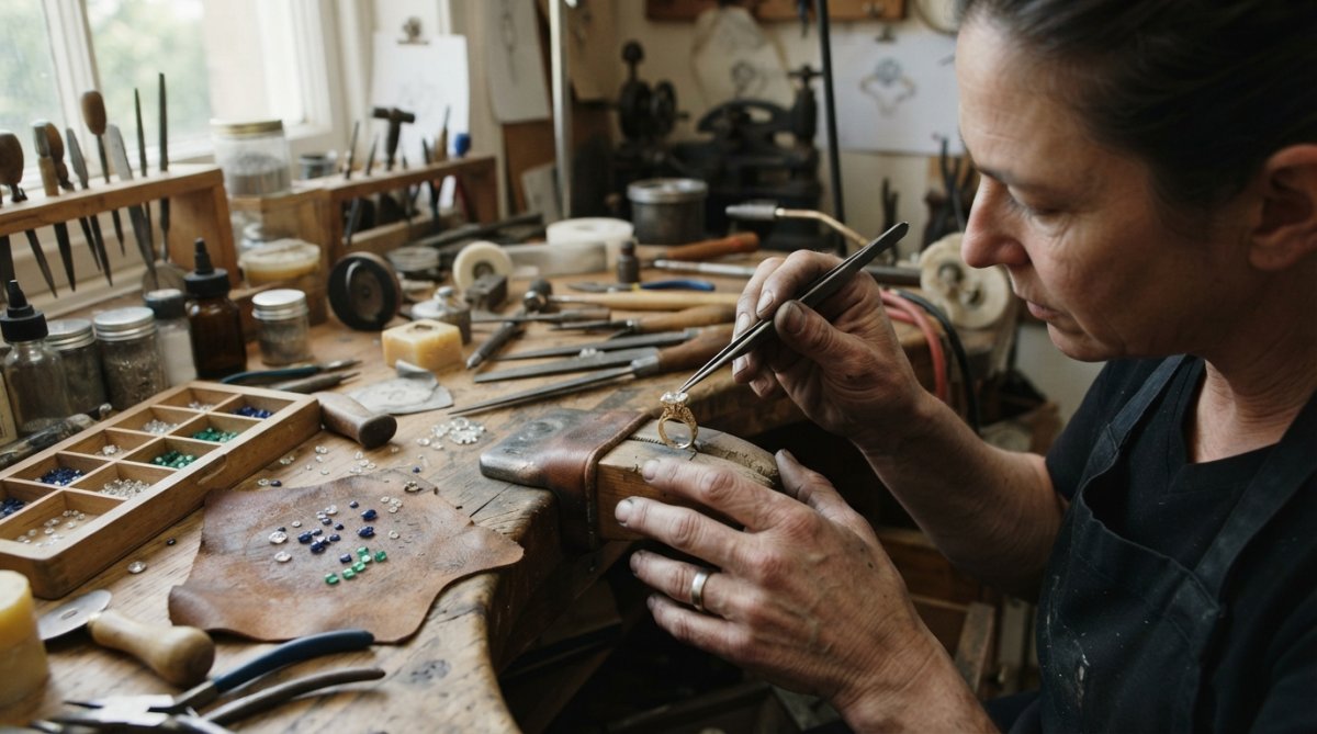 Close-up of a jeweller's hands performing stone setting on a delicate piece, with specialized tools and gemstones visible on the workbench under focused lighting