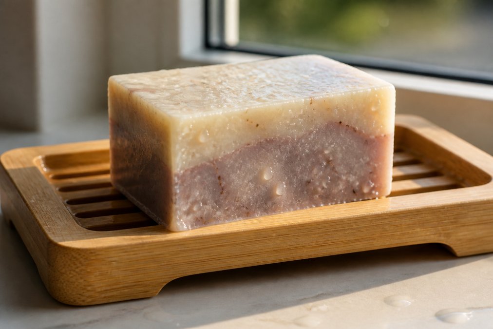 Close-up of artisanal soap bar with water droplets on surface, resting on wooden soap dish with visible drainage gaps, natural morning light highlighting texture