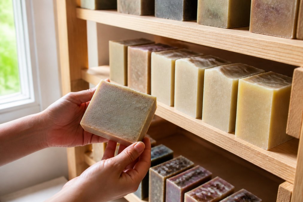 Hands holding freshly cured artisanal soap bar beside wooden curing rack displaying multiple bars in various stages of hardness, natural window light illuminating soap texture and surface details