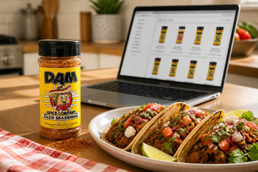 A home cook's kitchen counter with artisanal spice jars displaying rich colors, a prepared dish with visible spice coating, and a laptop showing an online ordering interface in warm natural lighting