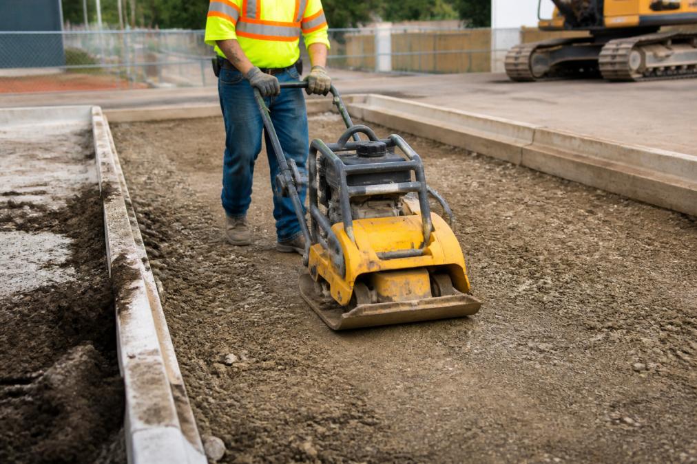 Worker operating a mechanical compactor on prepared subgrade material, showing proper compaction technique with vibratory equipment on exposed base course