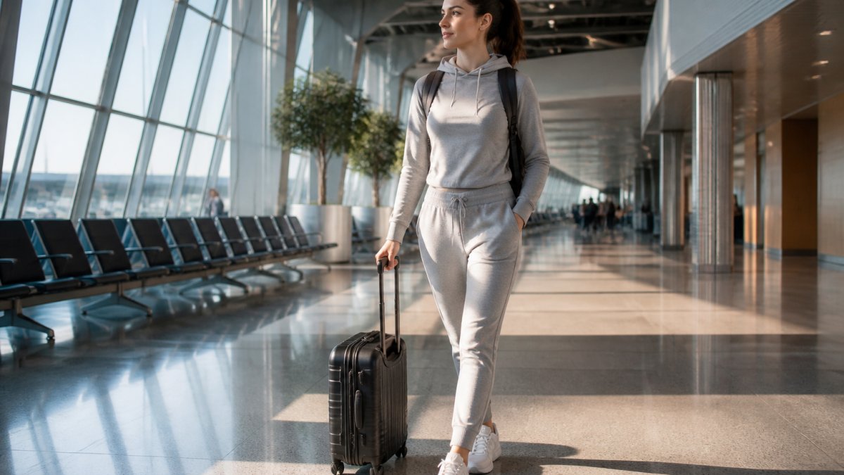 A young traveler in stylish athleisure walking through a bright airport terminal with a carry-on bag, wearing joggers and a fitted hoodie, looking relaxed and confident