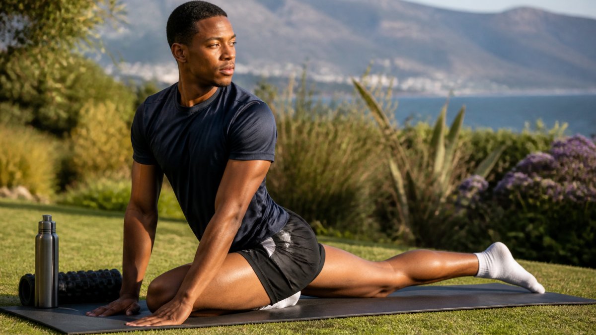 Athlete performing light stretching or yoga on outdoor mat in natural sunlight, demonstrating active recovery in motion with calm, focused posture