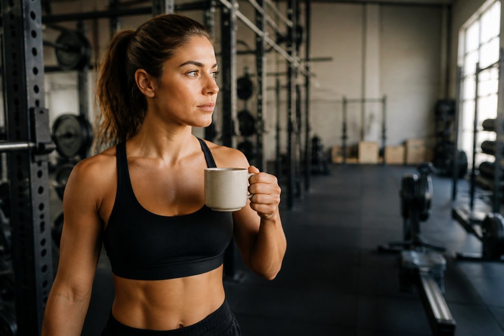 Athlete in athletic wear holding a ceramic mug of freshly brewed coffee in a bright gym setting, focused expression before training session