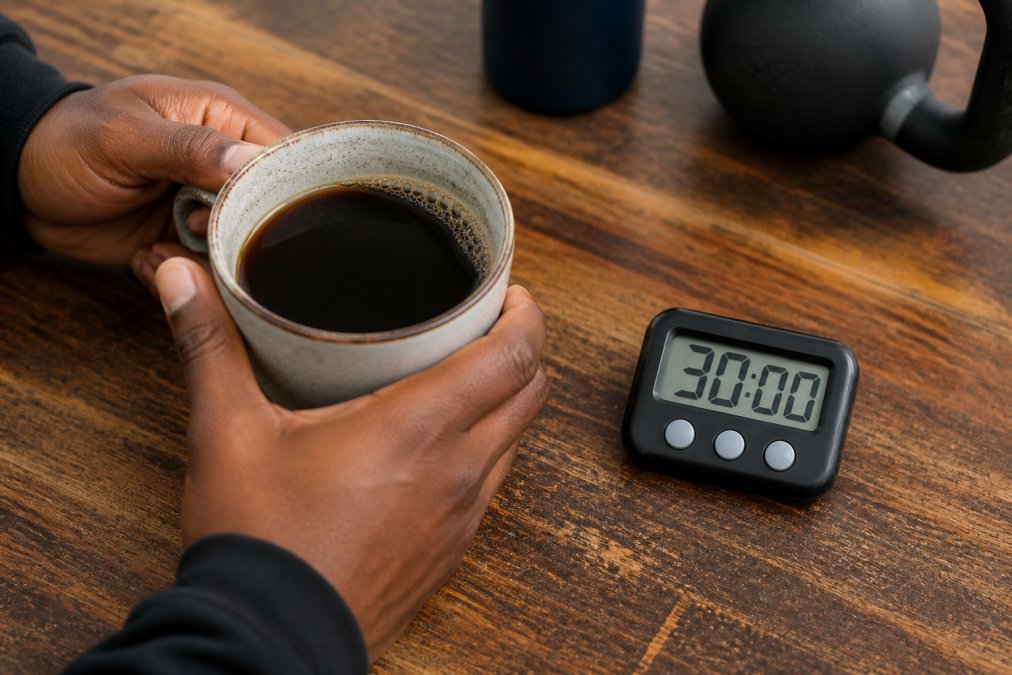 Close-up of hands holding a ceramic mug of freshly brewed dark roast coffee next to a digital timer displaying 30 minutes, on a wooden training table