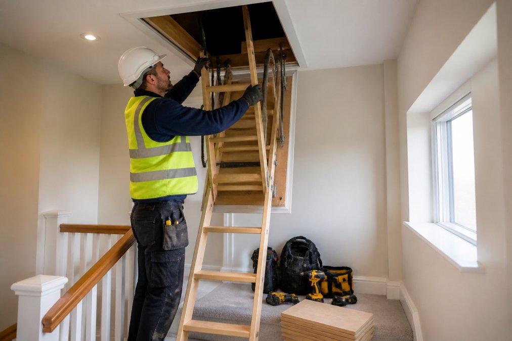 A qualified carpenter in safety gear installing a wooden attic ladder into a ceiling hatch in a bright residential home, with tools and flooring materials nearby