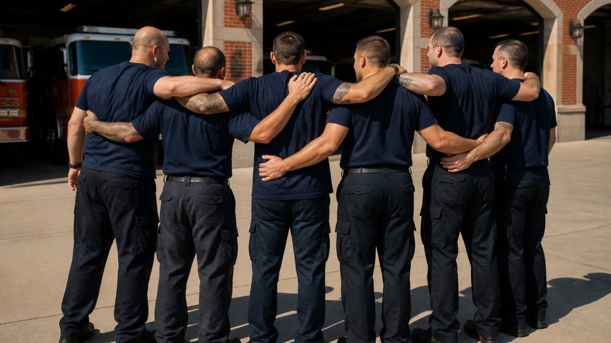 Firefighters standing together outside their station wearing matching crew apparel to build team identity