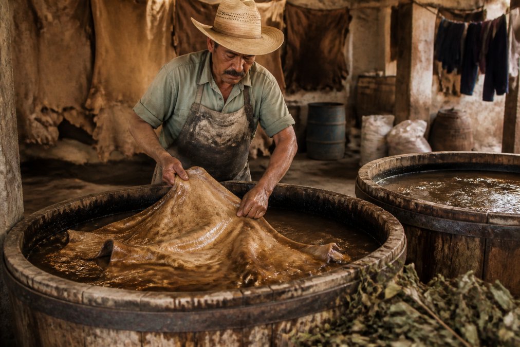 Artisan hands carefully working leather in a traditional workshop, stretching and treating a hide with natural vegetable tannin solution, wooden vats and natural materials visible in warm, natural light