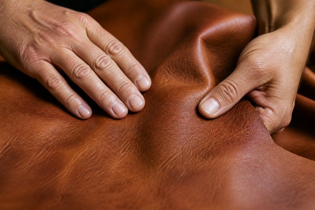 Close-up of genuine leather surface showing natural grain patterns, pores, and color variation, with hands gently touching and examining the texture to demonstrate tactile quality and depth