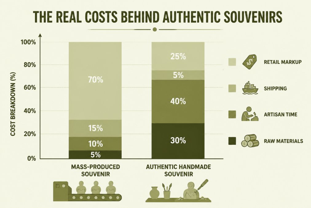 Stacked bar chart comparing cost breakdown: mass-produced souvenir (raw materials 5%, labor 10%, shipping 15%, retail markup 70%) vs. authentic handmade souvenir (raw materials 30%, artisan time 40%, shipping 5%, retail markup 25%)