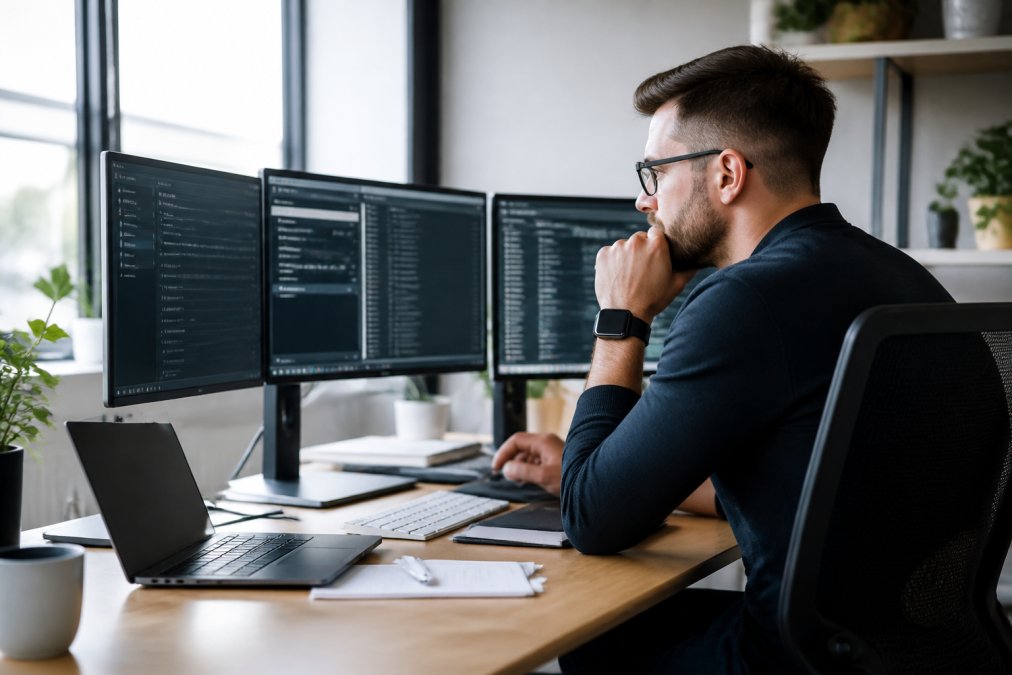 Marketing professional at a desk monitoring lead metrics on multiple screens, showing focused engagement with data and automation dashboards in a modern office with soft natural lighting