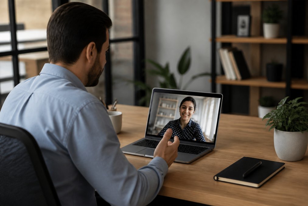 Customer success team member having a video call with a satisfied customer on laptop screen, representing ongoing relationship nurturing and retention in a modern office setting with warm lighting
