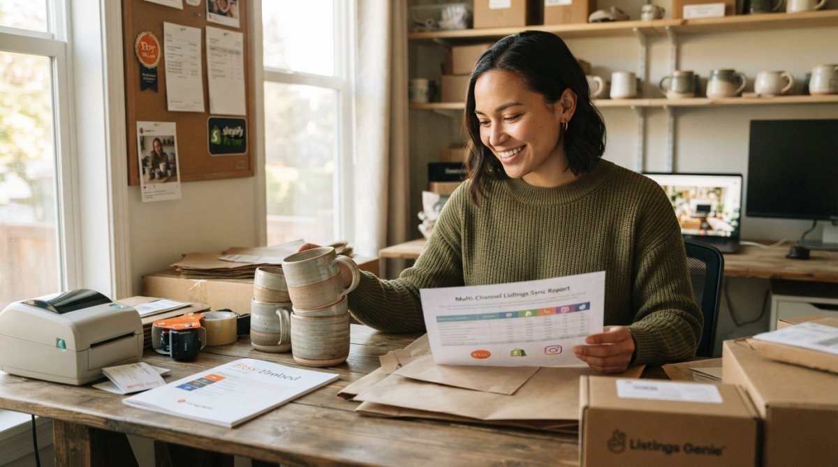 Solo e-commerce seller at desk with multiple monitors displaying different marketplace dashboards (Etsy, Shopify, Instagram), looking relieved while managing inventory in one central location