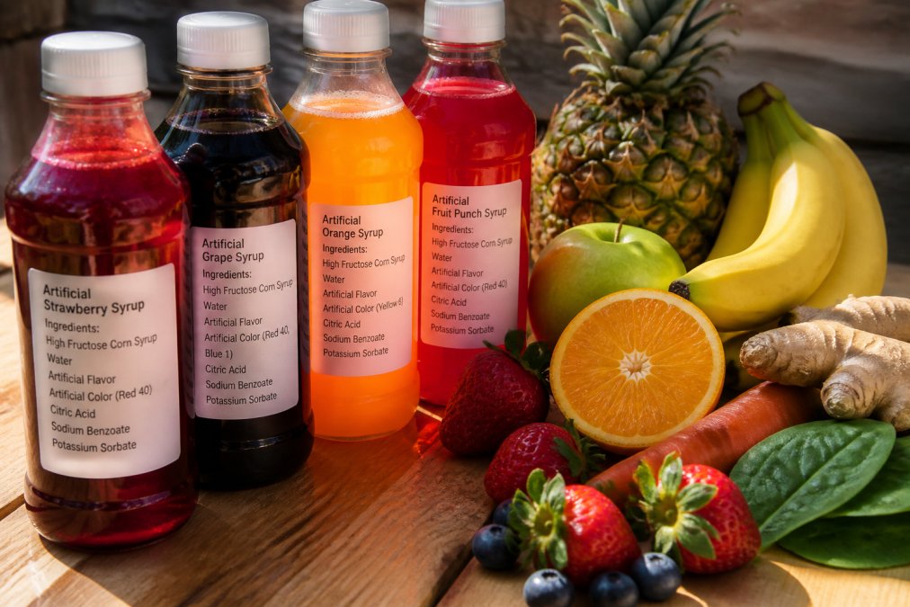 Close-up of colorful artificial syrup bottles with synthetic ingredient labels visible, displayed next to fresh whole fruits and vegetables in natural light