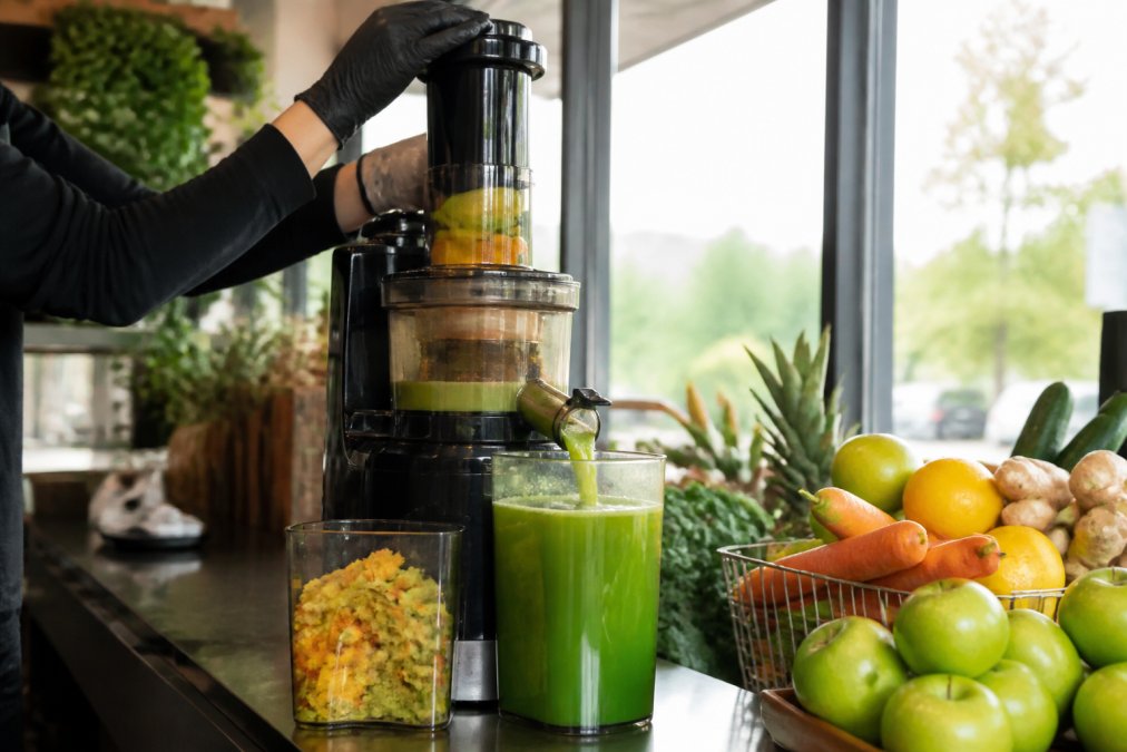 Fresh whole fruits and vegetables being pressed in a commercial cold-press juicer, vibrant colors visible in the extracted juice, natural light streaming through a juice bar window